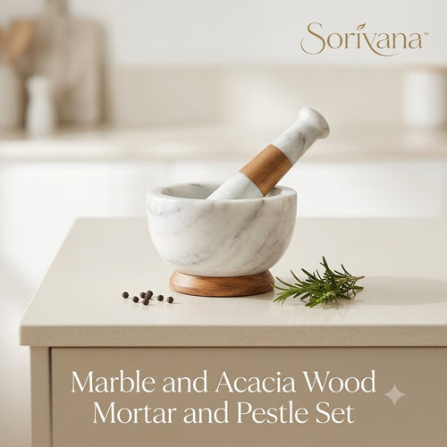 𝑺𝒐𝒓𝒊𝒗𝒂𝒏𝒂™Marble & Acacia Wood Mortar and Pestle Set